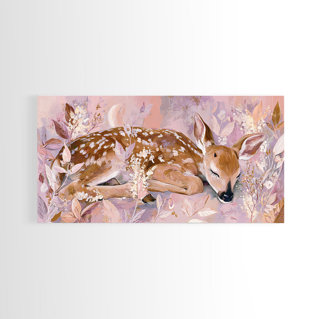 Deer Fawn Sleeping Framed Canvas Print, Nursery Art, Nursery Wall Art, Nursery Decor, Fine Art, Nursery, Woodland Nursery, NUR-2x1-91
