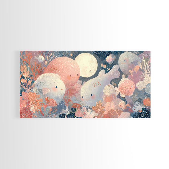 Friendly Ocean Creatures Framed Canvas Print, Nursery Art, Playroom Decor, Nursery Decor, Fine Art, Nursery, Kids Room Wall Art, NUR-2x1-92