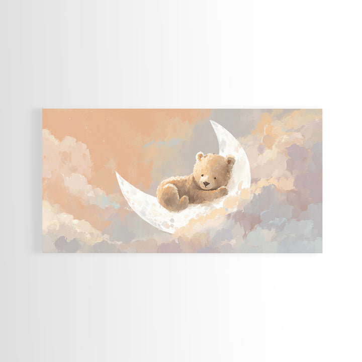 Baby Bear Floating on a Crescent Moon Canvas Print, Nursery Art, Printable Wall Art, Nursery Decor, Watercolor Art, Nursery, NUR-2x1-98