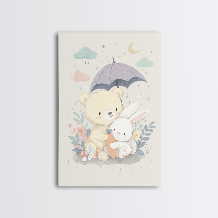 Bear and Rabbit Sharing Umbrella Framed Canvas Print, Nursery Art, Wall Art, Nursery Decor, Fine Art, Nursery, Nursery Prints, NUR-2x3-1