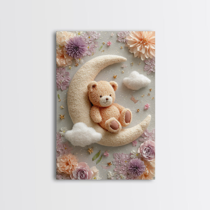 Baby Bear Floating on a Crescent Moon Canvas Print, Nursery Art, Luxury Decor, Nursery Decor, Oil Painting, Nursery, NUR-2x3-14