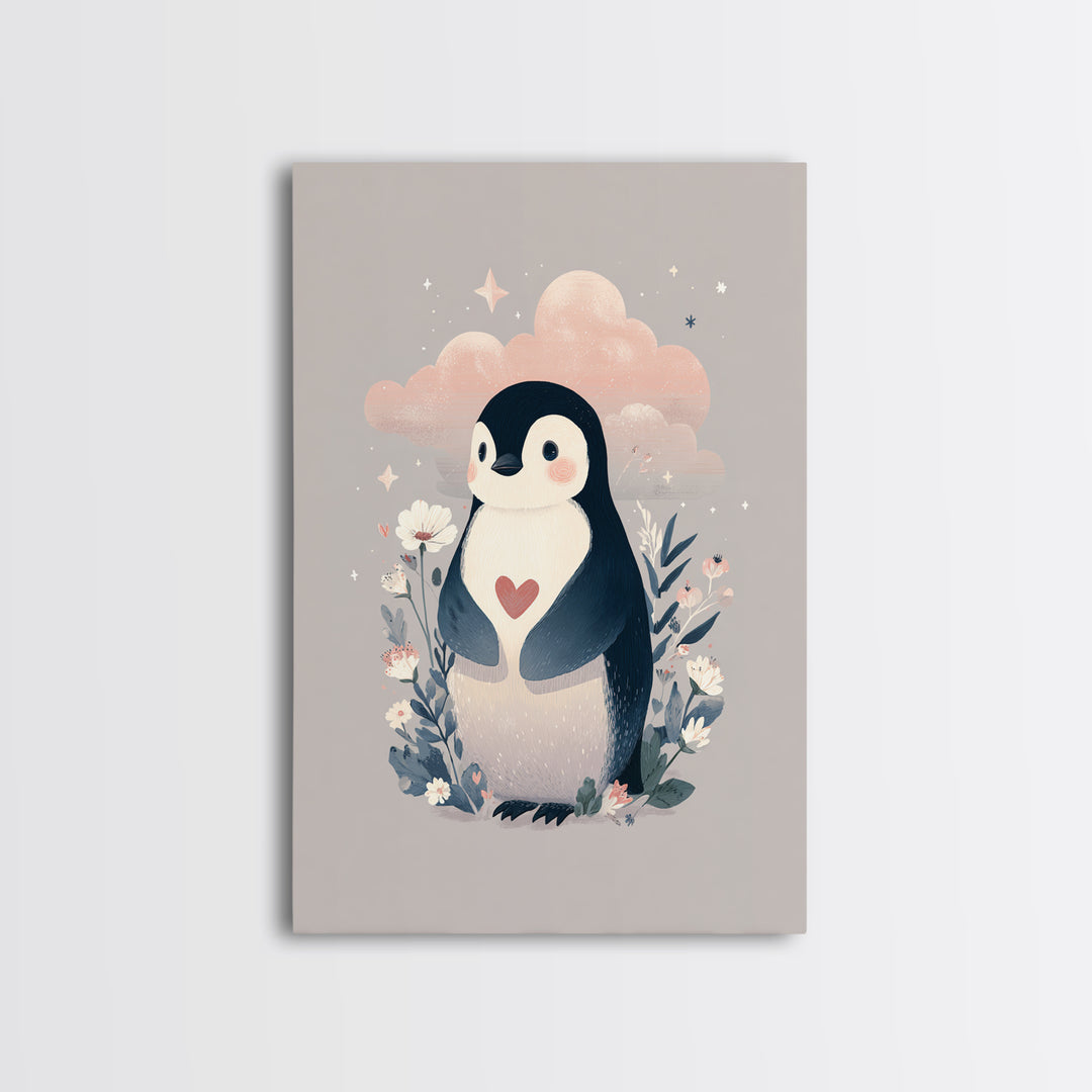 Penguin Holding a Little Heart Shape Framed Canvas Print, Nursery Art, Room Decor, Nursery Decor, Abstract Art, Nursery, NUR-2x3-18