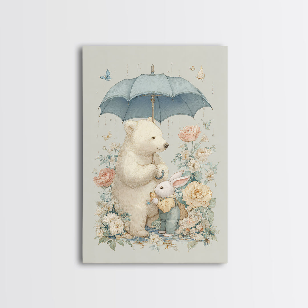 Bear and Rabbit Sharing Umbrella Framed Canvas Print, Nursery Art, Wall Art, Nursery Decor, Fine Art, Nursery, Nursery Prints, NUR-2x3-25