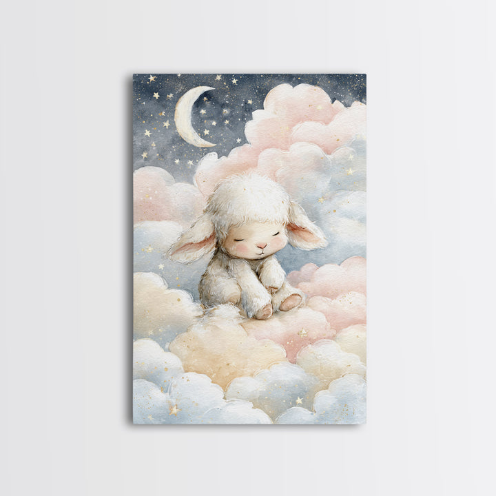 Little Lamb under a Starry Sky Framed Canvas Print, Nursery Art, Kids Room Art, Nursery Decor, Fine Art, Nursery, NUR-2x3-3