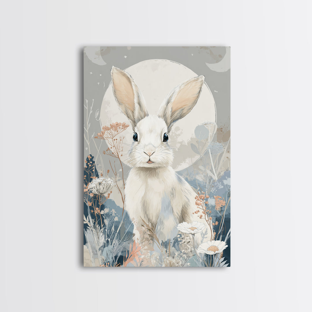 Soft Bunny in a Wildflower Meadow Framed Canvas Print, Nursery Art, Digital Art, Nursery Decor, Nursery, Girl Nursery Decor, NUR-2x3-37
