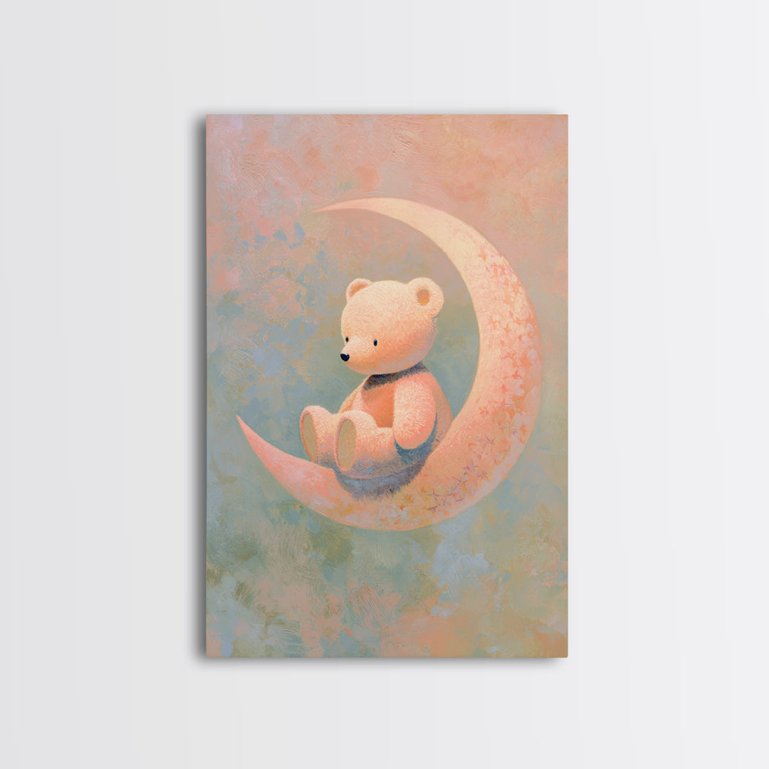 Baby Bear Floating on a Crescent Moon Framed Canvas Print, Nursery Art, Wall Art, Nursery Decor, Nursery, Nursery Prints, NUR-2x3-38