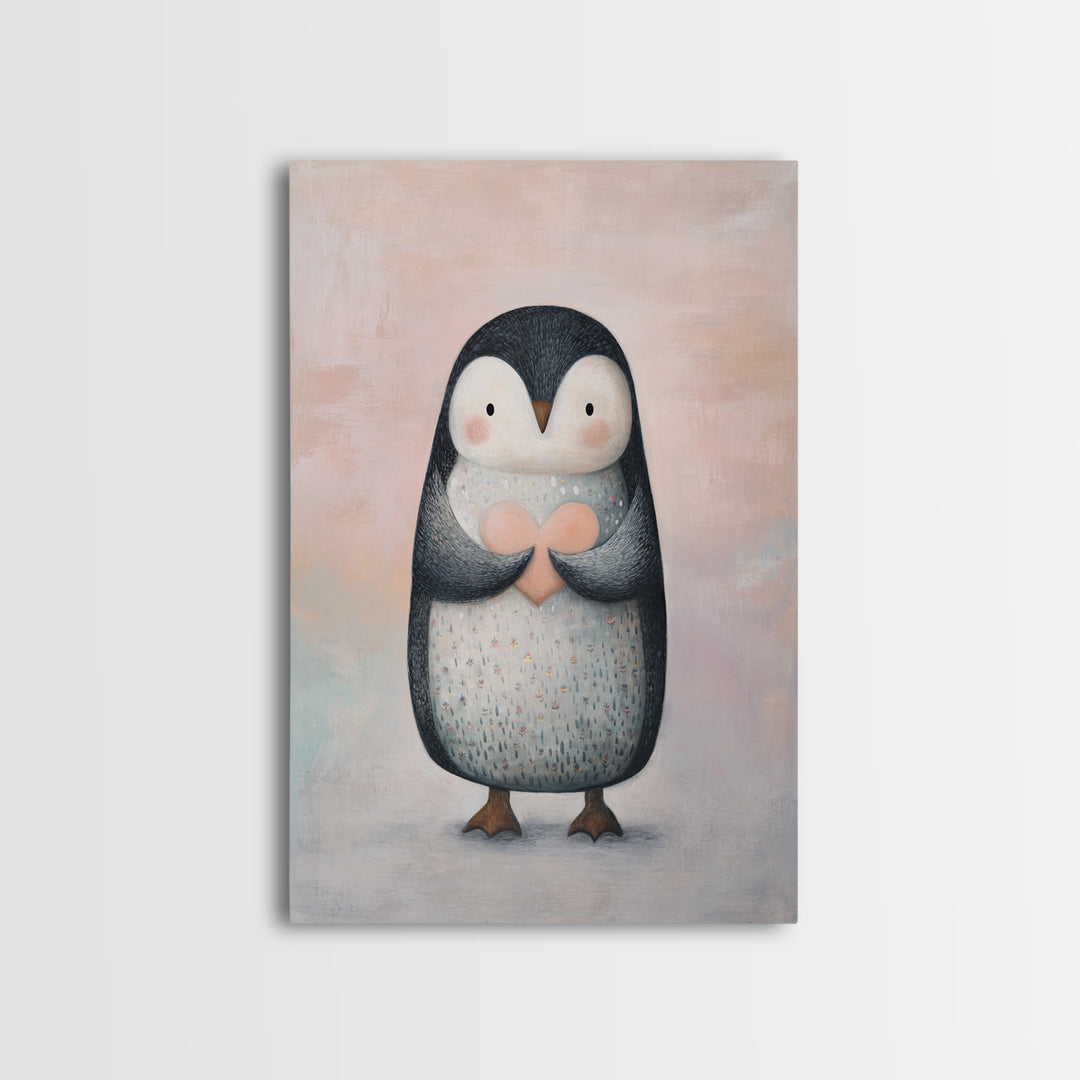 Penguin Holding a Little Heart Shape Framed Canvas Print, Nursery Art, Room Decor, Nursery Decor, Abstract Art, Nursery, NUR-2x3-42