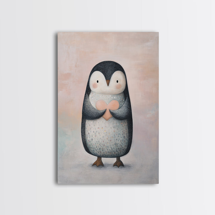 Penguin Holding a Little Heart Shape Framed Canvas Print, Nursery Art, Room Decor, Nursery Decor, Abstract Art, Nursery, NUR-2x3-42