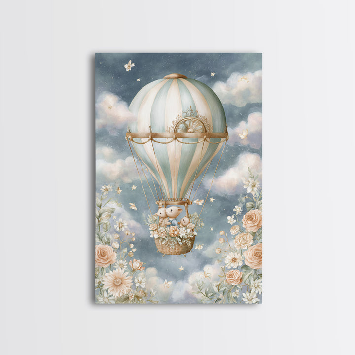Floating Hot Air Balloon Framed Canvas Print, Nursery Art, Woodland Nursery Art, Nursery Decor, Watercolor Art, Nursery, NUR-2x3-44