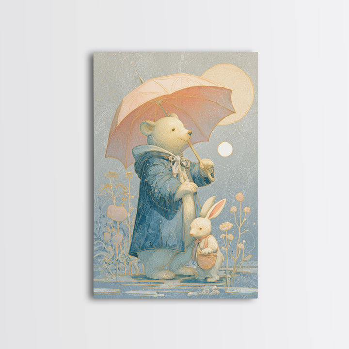 Bear and Rabbit Sharing Umbrella Canvas Print, Nursery Art, Nursery Decor, Fine Art, Nursery, Kids Wall Art, Woodland Nursery, NUR-2x3-49
