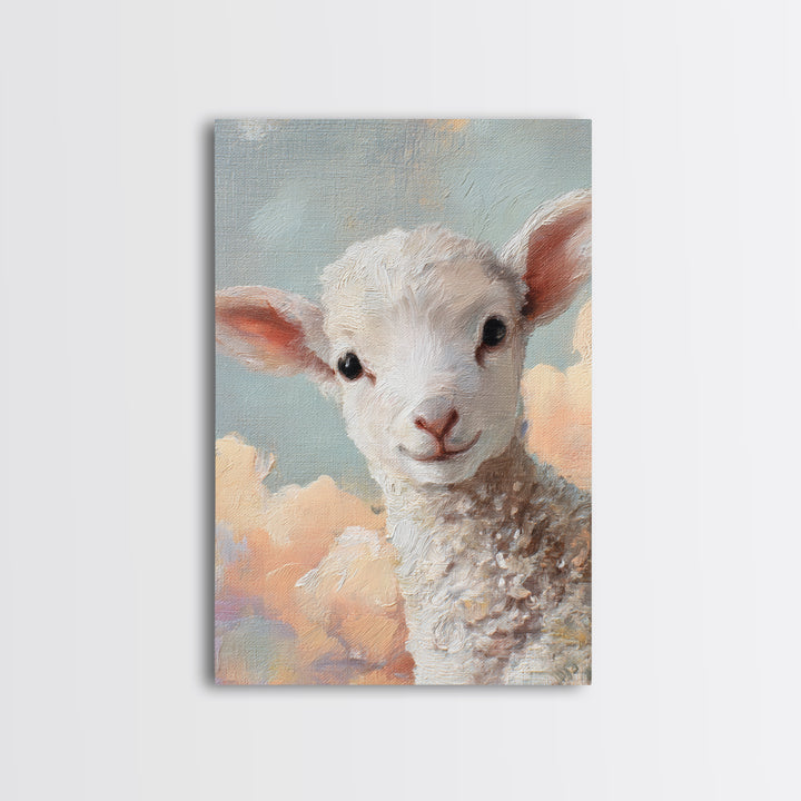Little Lamb under a Starry Sky Framed Canvas Print, Nursery Art, Room Decor, Nursery Decor, Oil Painting, Nursery, NUR-2x3-51