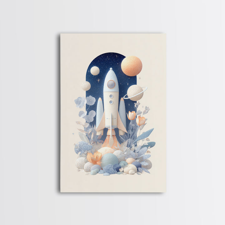 Rocket Ship and Smiling Planets Framed Canvas Print, Nursery Art, Nursery Wall Art, Nursery Decor, Oil Painting, Nursery, NUR-2x3-53