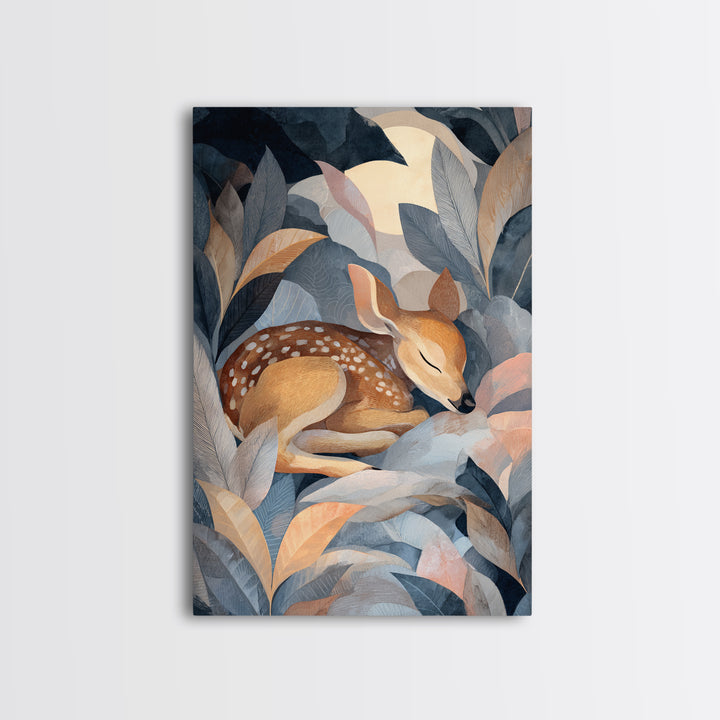 Deer Fawn Sleeping Framed Canvas Print, Nursery Art, Textured Painting, Nursery Decor, Fine Art, Nursery, Wall Art Print, NUR-2x3-55