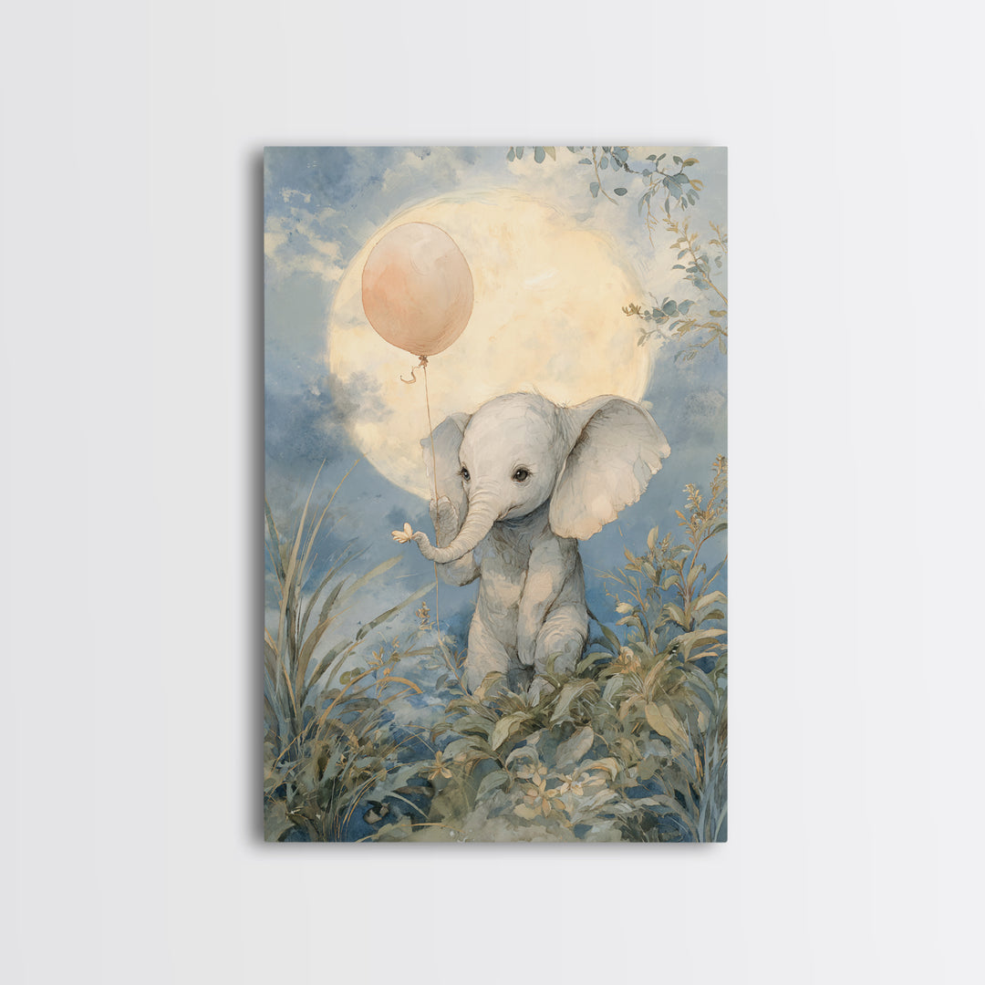 Sleepy Baby Elephant Holding a Tiny Balloon Canvas Print, Nursery Art, Playroom Decor, Nursery Decor, Oil Painting, Nursery, NUR-2x3-57