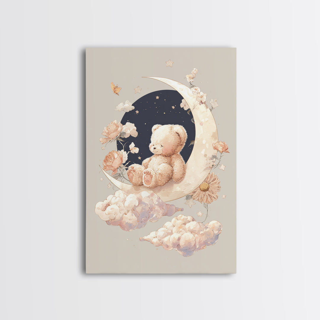 Baby Bear Floating on a Crescent Moon Canvas Print, Nursery Art, Nursery Decor, Abstract Art, Nursery, Kids Wall Art, NUR-2x3-62