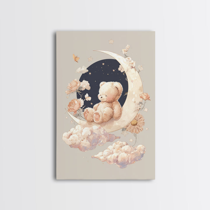 Baby Bear Floating on a Crescent Moon Canvas Print, Nursery Art, Nursery Decor, Abstract Art, Nursery, Kids Wall Art, NUR-2x3-62