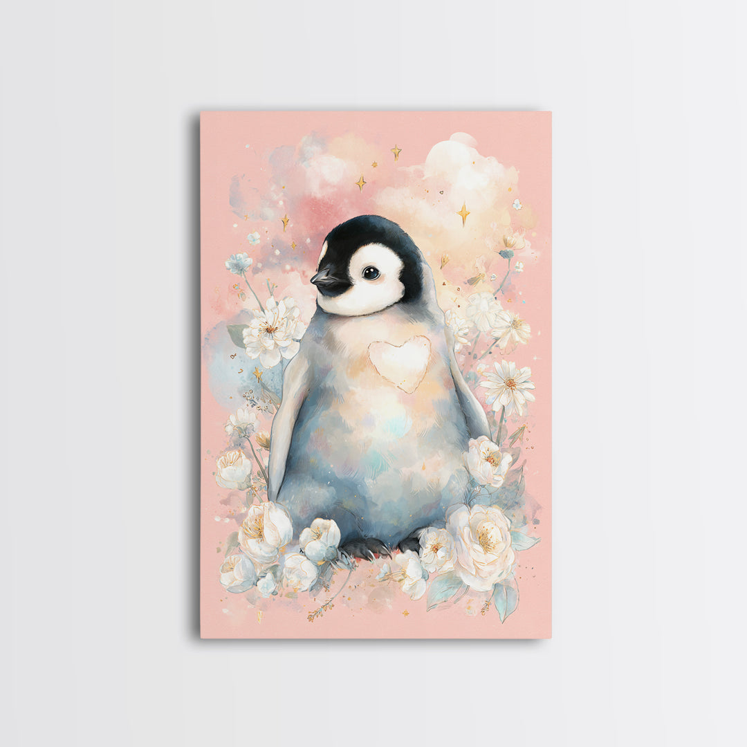 Penguin Holding a Little Heart Shape Canvas Print, Nursery Art, Wall Decor, Nursery Decor, Fine Art, Nursery, Playroom Decor, NUR-2x3-66
