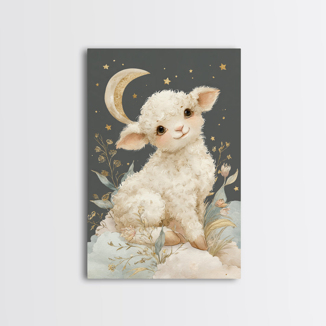 Little Lamb under a Starry Sky Framed Canvas Print, Nursery Art, Nursery Wall Art, Nursery Decor, Nursery, Woodland Nursery, NUR-2x3-75