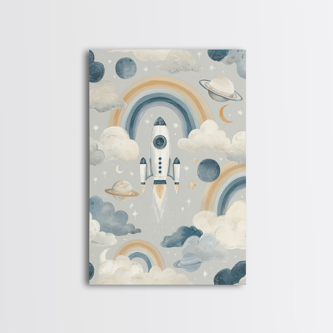 Rocket Ship and Smiling Planets Canvas Print, Nursery Art, Nursery Prints, Nursery Decor, Fine Art, Nursery, Kids Wall Decor, NUR-2x3-77