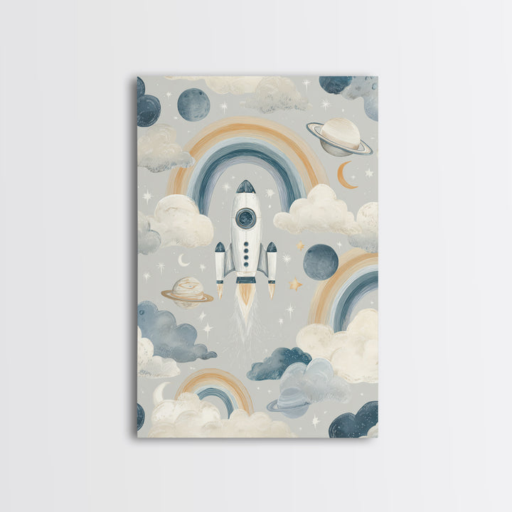 Rocket Ship and Smiling Planets Canvas Print, Nursery Art, Nursery Prints, Nursery Decor, Fine Art, Nursery, Kids Wall Decor, NUR-2x3-77