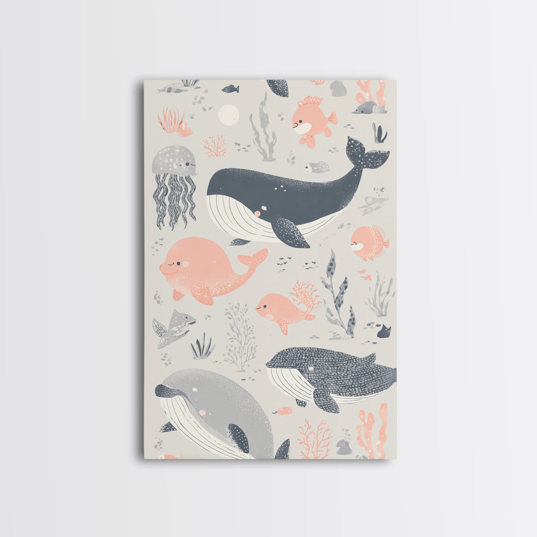 Friendly Ocean Creatures Framed Canvas Print, Nursery Art, Contemporary Art, Nursery Decor, Fine Art, Nursery, Nursery Prints, NUR-2x3-80