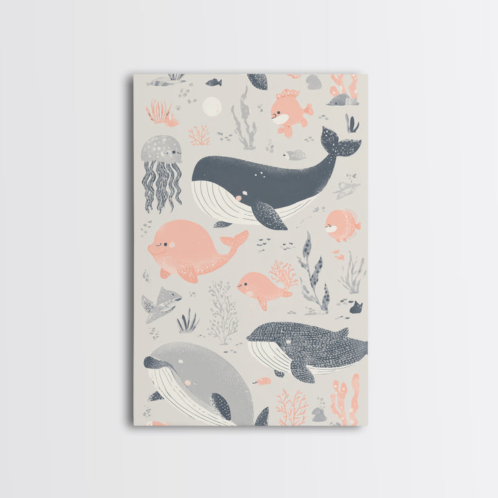 Friendly Ocean Creatures Framed Canvas Print, Nursery Art, Contemporary Art, Nursery Decor, Fine Art, Nursery, Nursery Prints, NUR-2x3-80