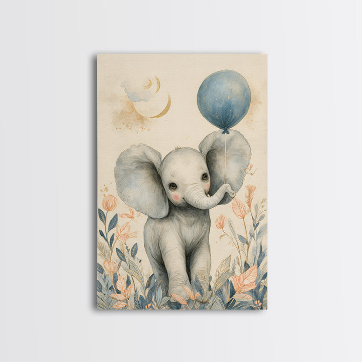 Sleepy Baby Elephant Holding a Tiny Balloon Canvas Print, Nursery Art, Playroom Decor, Nursery Decor, Oil Painting, Nursery, NUR-2x3-81