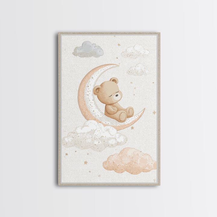 Baby Bear Floating on a Crescent Moon Canvas Print, Nursery Art, Nursery Decor, Abstract Art, Nursery, Kids Wall Art, NUR-2x3-86