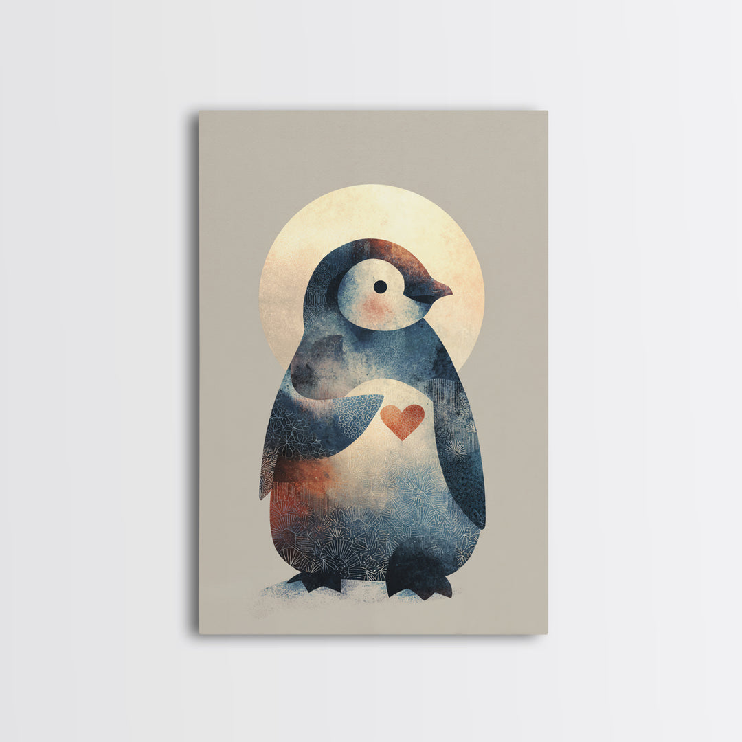 Penguin Holding a Little Heart Shape Framed Canvas Print, Nursery Art, Nursery Wall Art, Nursery Decor, Fine Art, Nursery, NUR-2x3-90