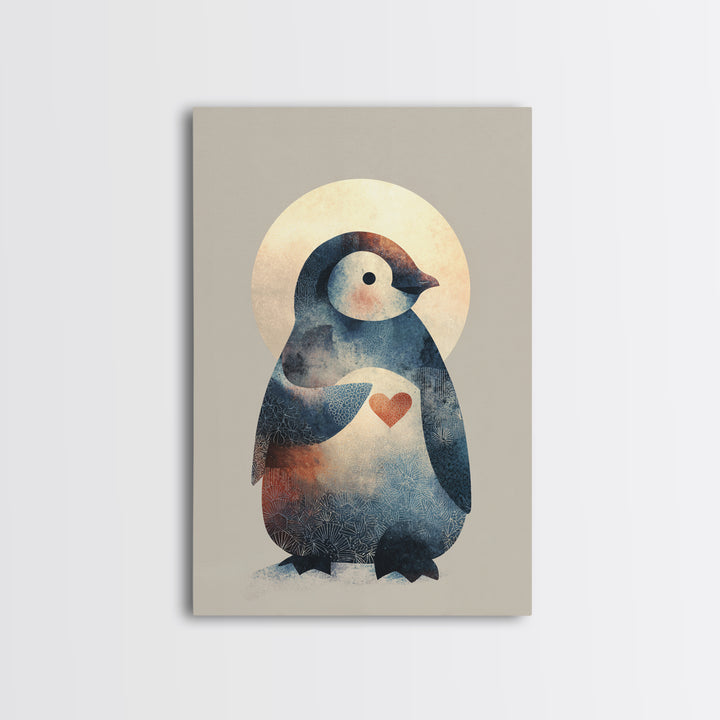 Penguin Holding a Little Heart Shape Framed Canvas Print, Nursery Art, Nursery Wall Art, Nursery Decor, Fine Art, Nursery, NUR-2x3-90