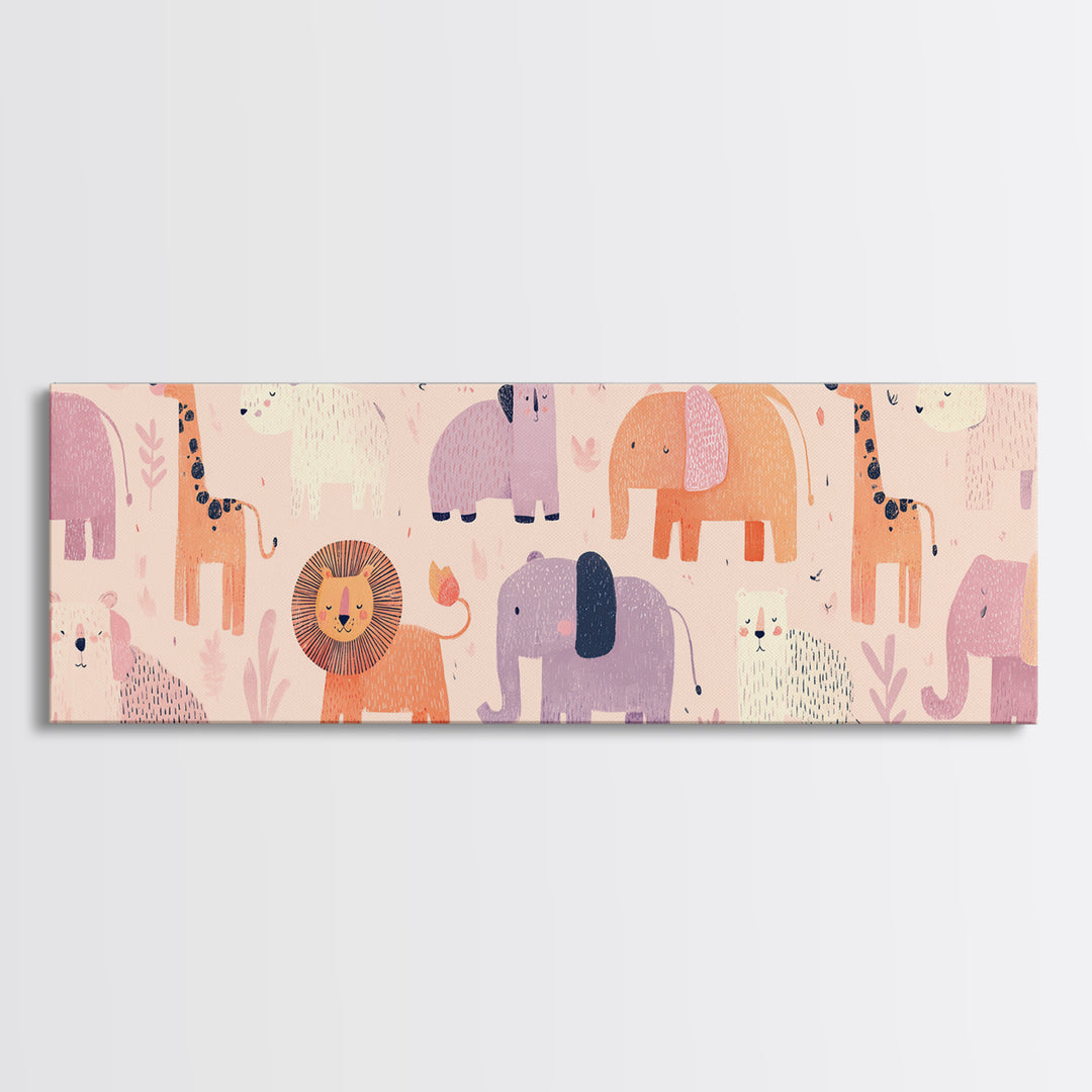 Pastel Jungle Animals Framed Canvas Print, Nursery Art, Wall Decor, Nursery Decor, Fine Art, Nursery, Playroom Decor, NUR-3x1-10