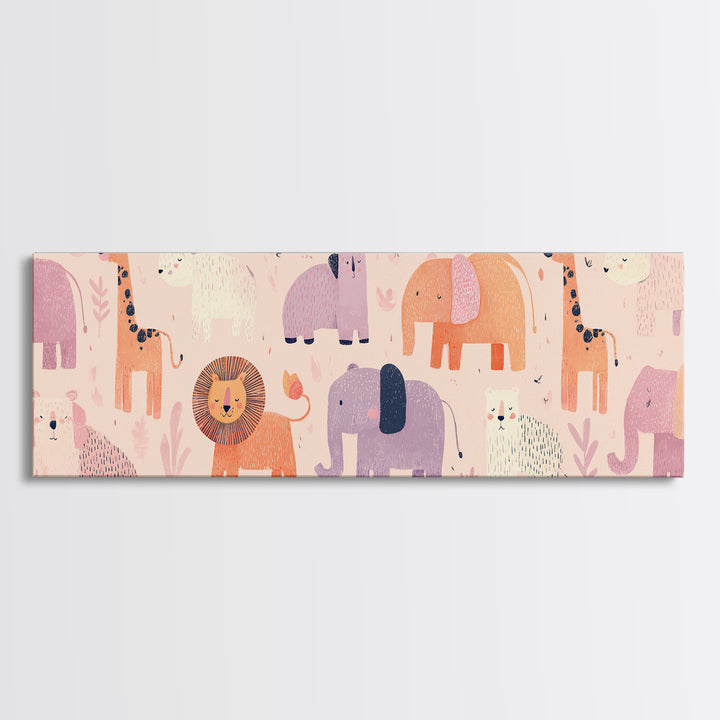 Pastel Jungle Animals Framed Canvas Print, Nursery Art, Wall Decor, Nursery Decor, Fine Art, Nursery, Playroom Decor, NUR-3x1-10