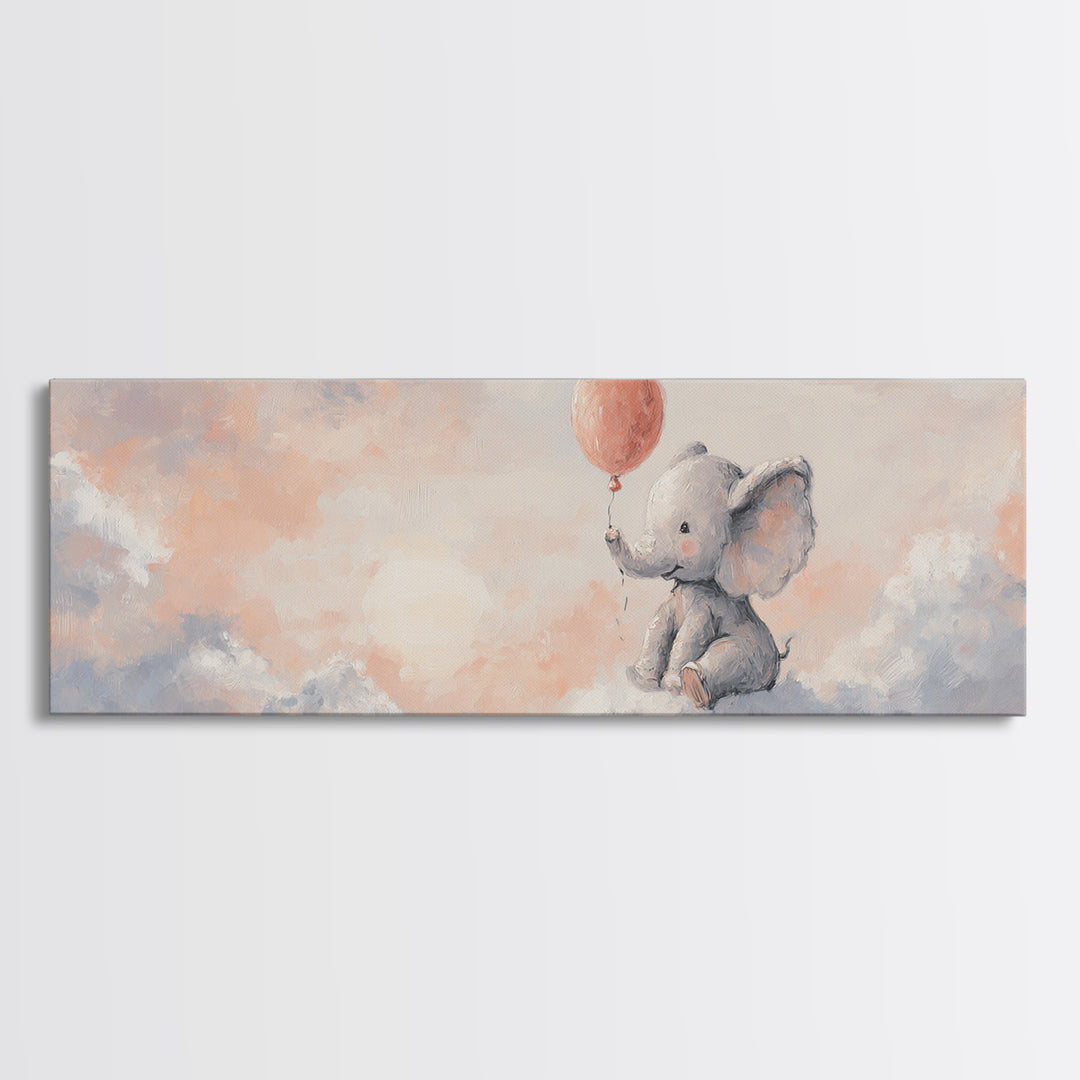 Sleepy Baby Elephant Holding a Tiny Balloon Framed Canvas Print, Nursery Art, Digital Download Art, Nursery Decor, Nursery, NUR-3x1-17