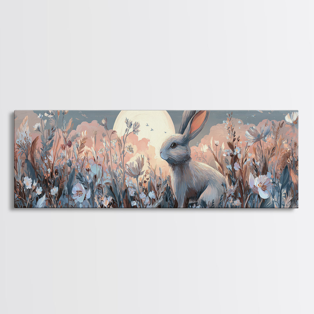 Soft Bunny in a Wildflower Meadow Canvas Print, Nursery Art, Kids Wall Art, Nursery Decor, Fine Art, Nursery, Home Decor, NUR-3x1-21