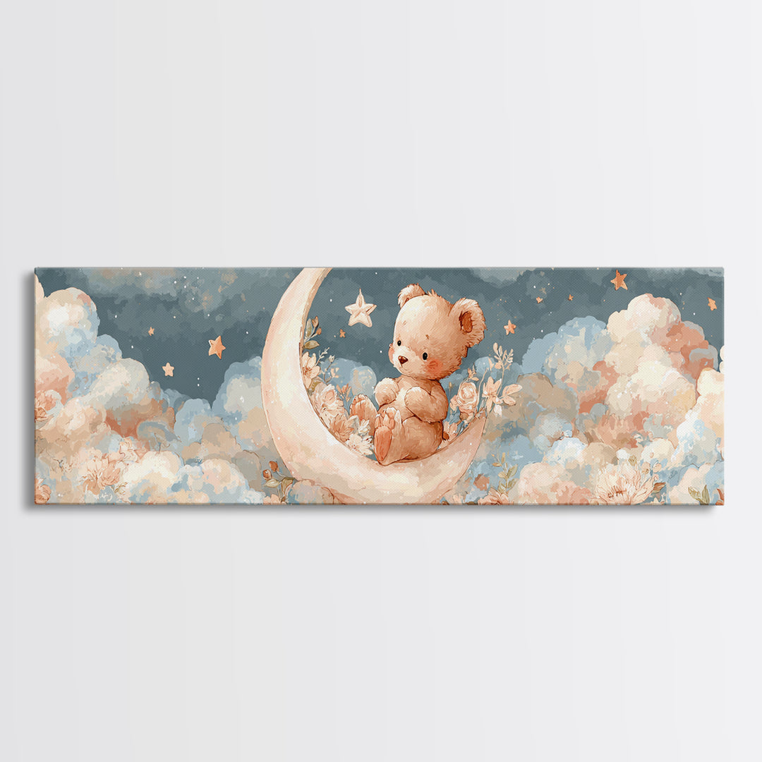 Baby Bear Floating on a Crescent Moon Canvas Print, Nursery Art, Boho Decor, Nursery Decor, Abstract Art, Nursery, NUR-3x1-22