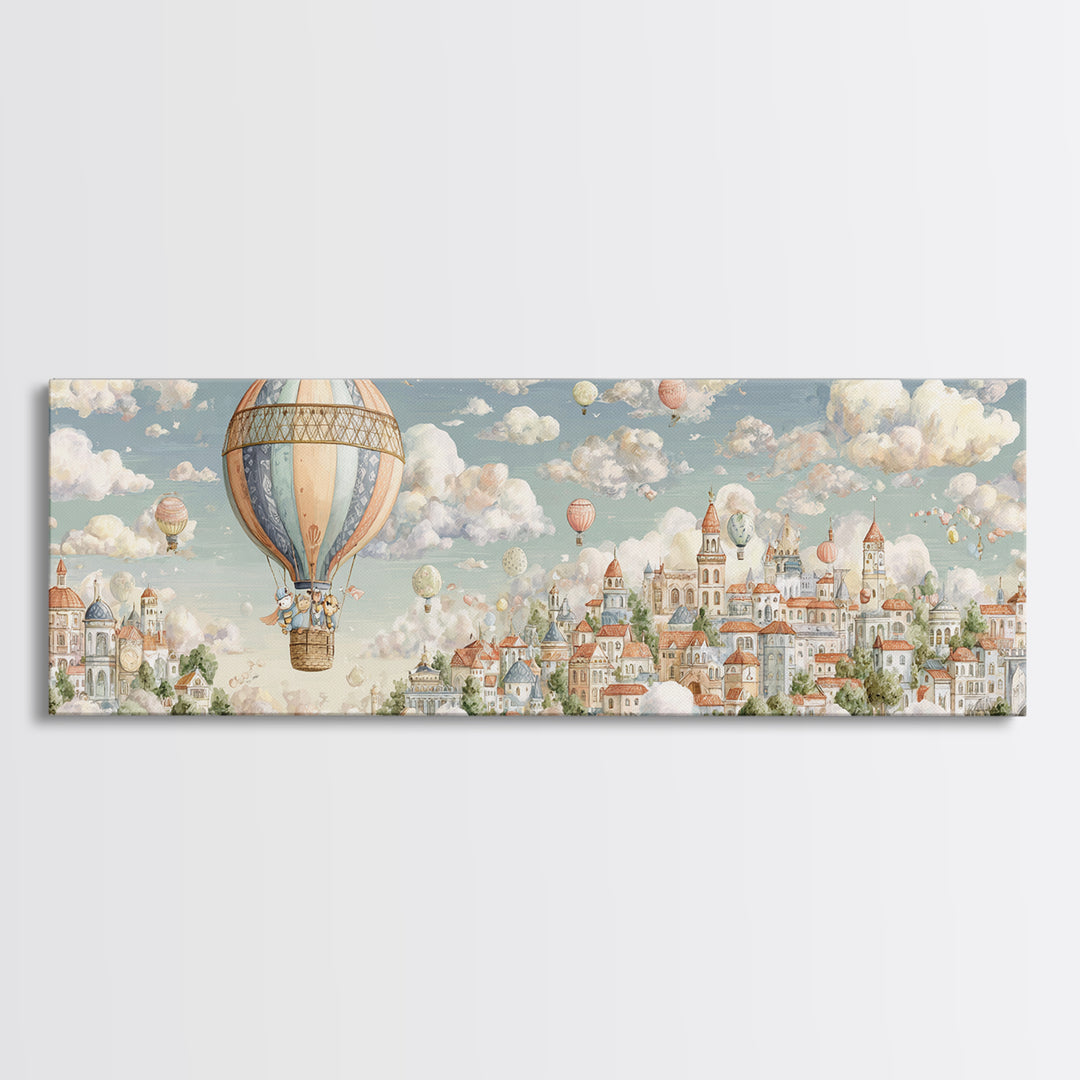 Floating Hot Air Balloon Framed Canvas Print, Nursery Art, Kids Room Art, Nursery Decor, Oil Painting, Nursery, NUR-3x1-28
