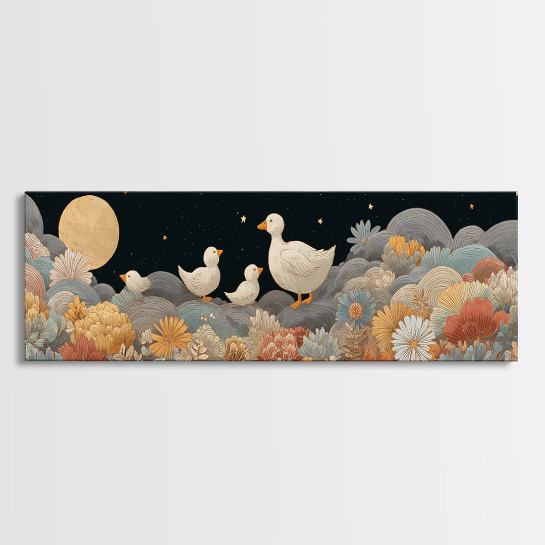 Ducklings Following a Mother Duck Canvas Print, Nursery Art, Wall Art, Nursery Decor, Oil Painting, Nursery, Nursery Prints, NUR-3x1-30