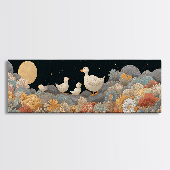 Ducklings Following a Mother Duck Canvas Print, Nursery Art, Wall Art, Nursery Decor, Oil Painting, Nursery, Nursery Prints, NUR-3x1-30