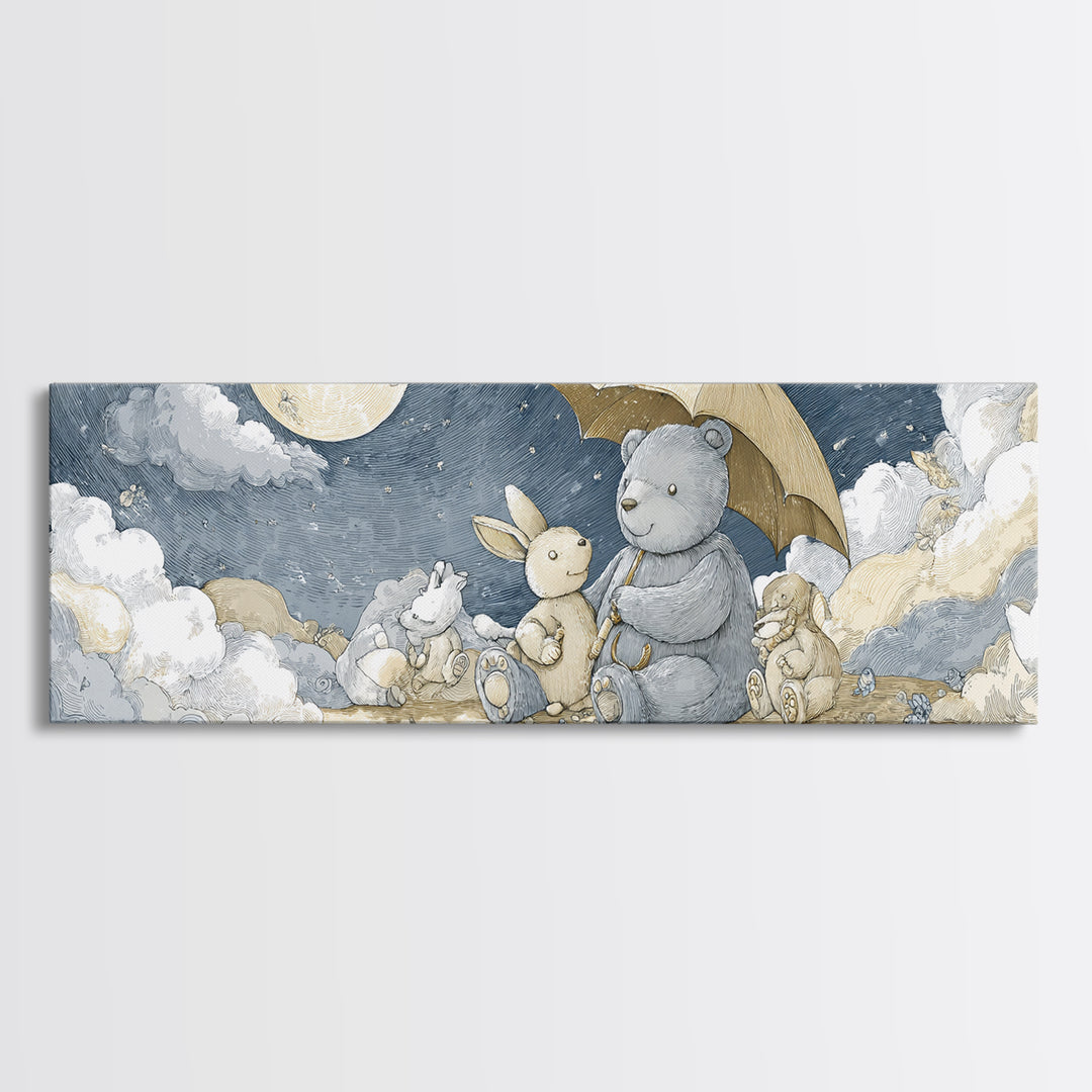 Bear and Rabbit Sharing Umbrella Canvas Print, Nursery Art, Girl Nursery Decor, Nursery Decor, Fine Art, Nursery, Kids Room Art, NUR-3x1-33