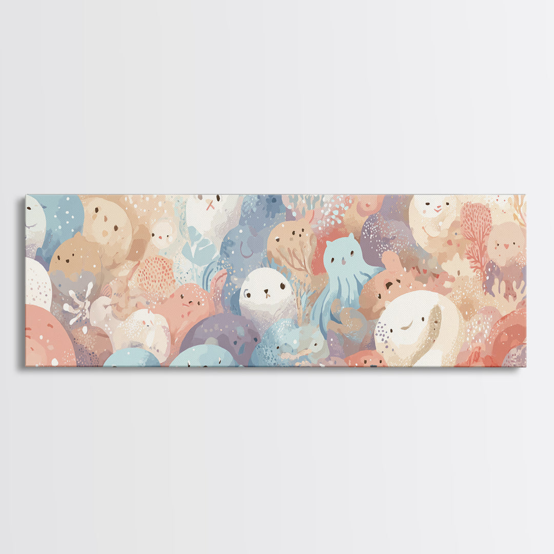 Friendly Ocean Creatures Canvas Print, Nursery Art, Home Decor, Nursery Decor, Oil Painting, Nursery, Contemporary Art, NUR-3x1-40