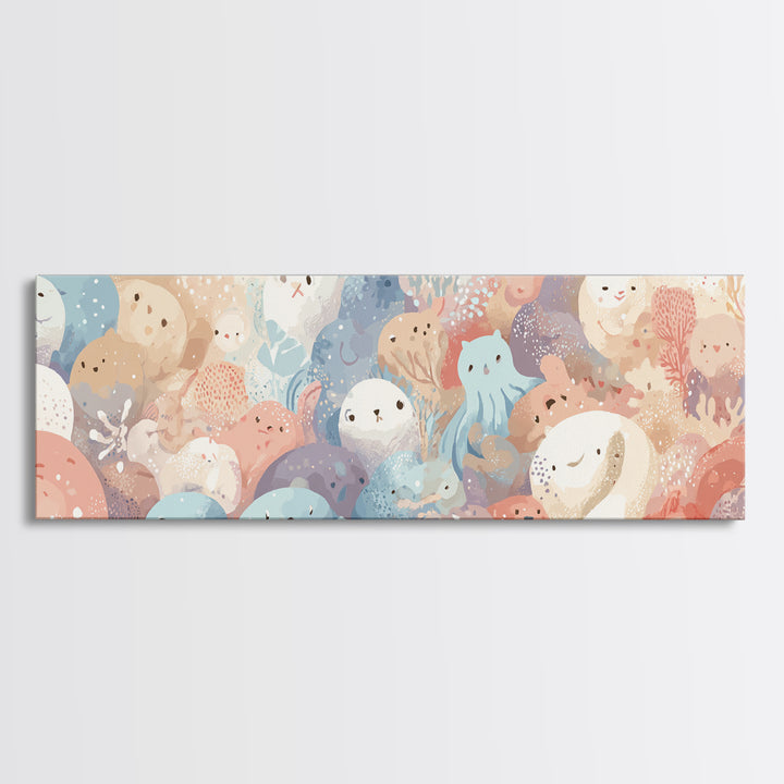 Friendly Ocean Creatures Canvas Print, Nursery Art, Home Decor, Nursery Decor, Oil Painting, Nursery, Contemporary Art, NUR-3x1-40