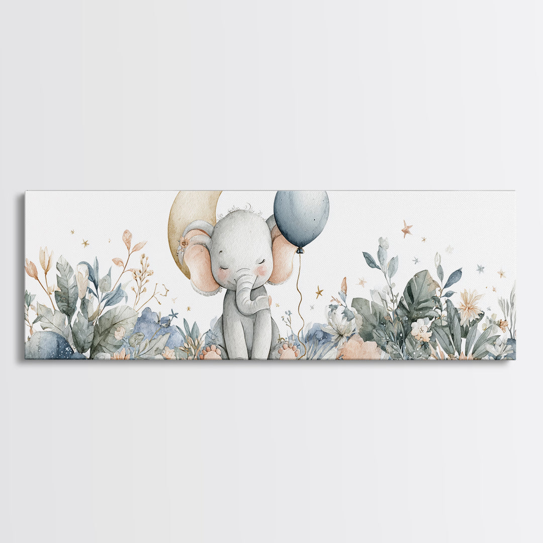 Sleepy Baby Elephant Holding a Tiny Balloon Canvas Print, Nursery Art, Playroom Wall Art, Nursery Decor, Watercolor Art, NUR-3x1-41