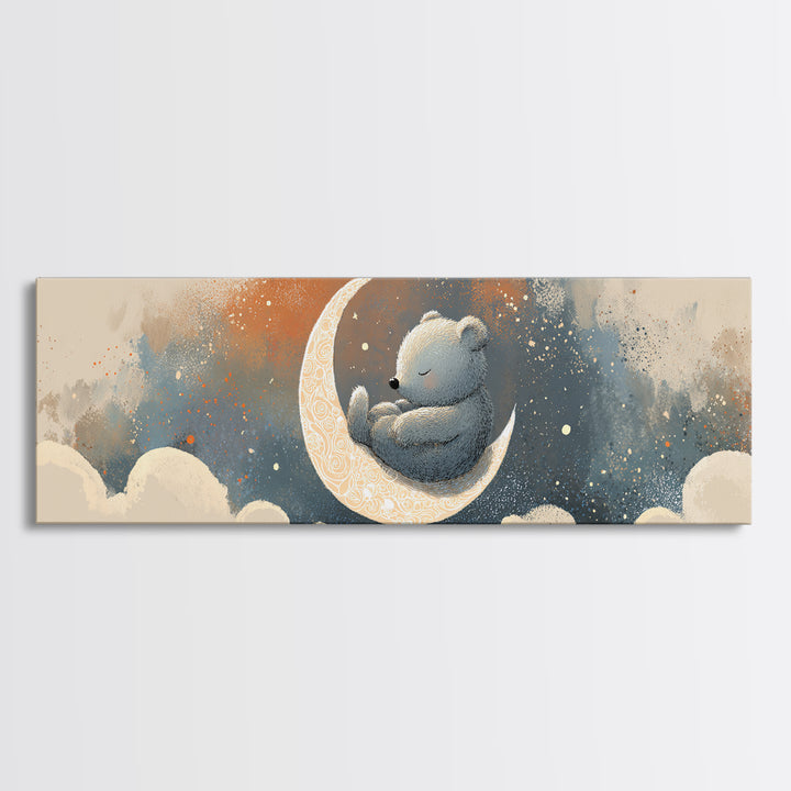 Baby Bear Floating on a Crescent Moon Canvas Print, Nursery Art, Girl Nursery Decor, Nursery Decor, Fine Art, Nursery, NUR-3x1-46