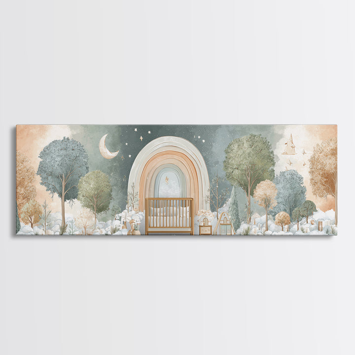 Rainbow Arch with Muted Nursery Colors Framed Canvas Print, Nursery Art, Digital Art, Nursery Decor, Oil Painting, Nursery, NUR-3x1-47