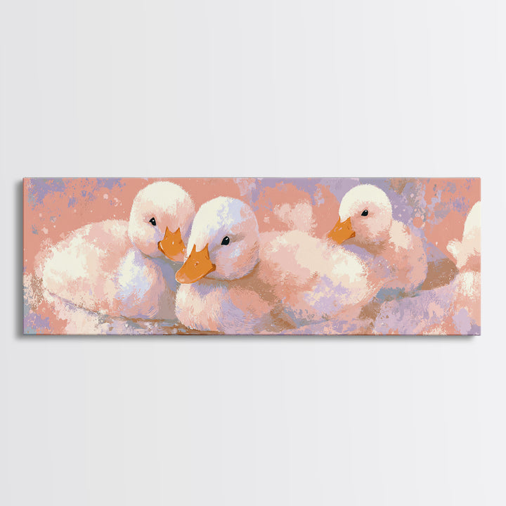 Ducklings Following a Mother Duck Canvas Print, Nursery Art, Playroom Wall Art, Nursery Decor, Nursery, Statement Artwork, NUR-3x1-54