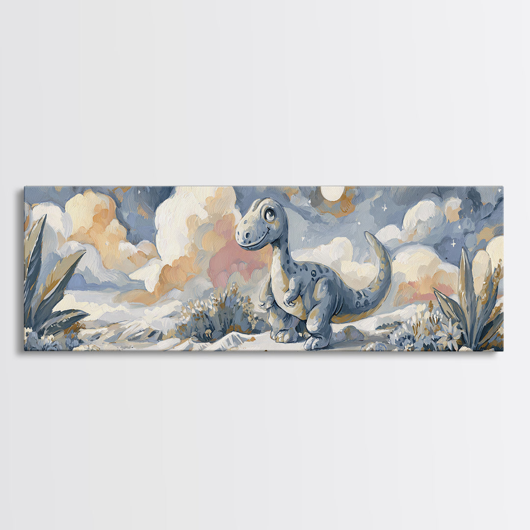 Tiny Dinosaur with Friendly Expression Framed Canvas Print, Nursery Art, Contemporary Art, Nursery Decor, Fine Art, Nursery, NUR-3x1-55