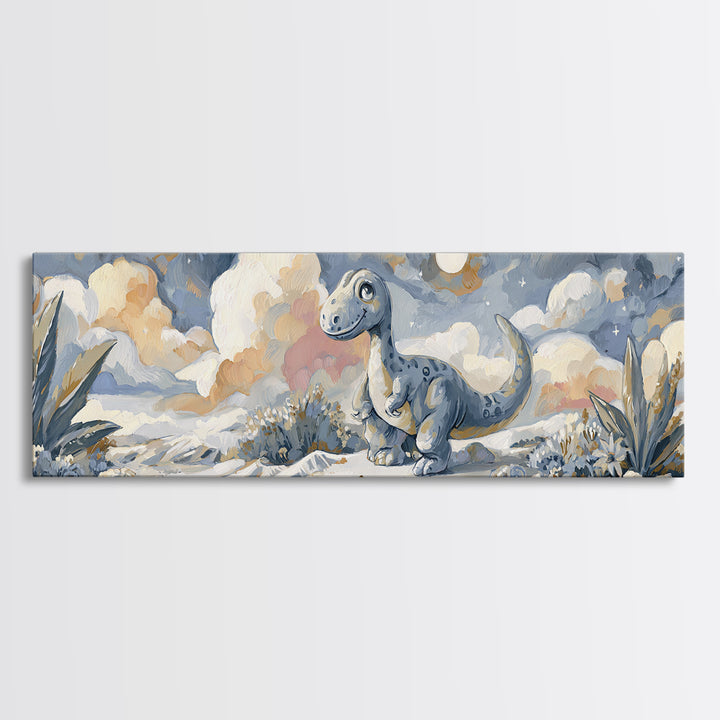 Tiny Dinosaur with Friendly Expression Framed Canvas Print, Nursery Art, Contemporary Art, Nursery Decor, Fine Art, Nursery, NUR-3x1-55