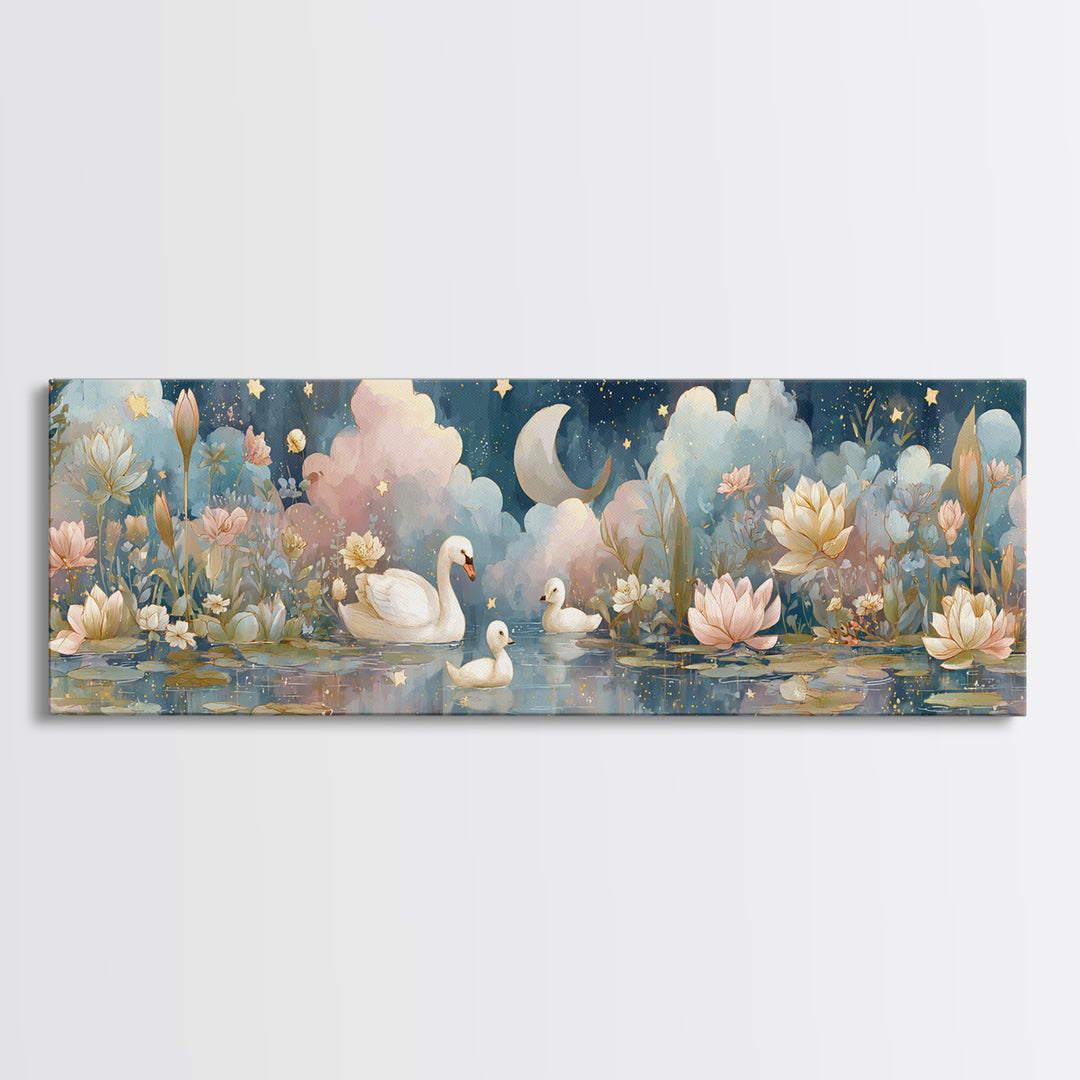 Swan and Cygnet Framed Canvas Print, Nursery Art, Textured Painting, Nursery Decor, Fine Art, Nursery, Wall Art Print, NUR-3x1-56