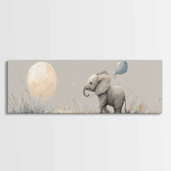 Sleepy Baby Elephant Holding a Tiny Balloon Canvas Print, Nursery Art, Playroom Wall Art, Nursery Decor, Watercolor Art, NUR-3x1-65