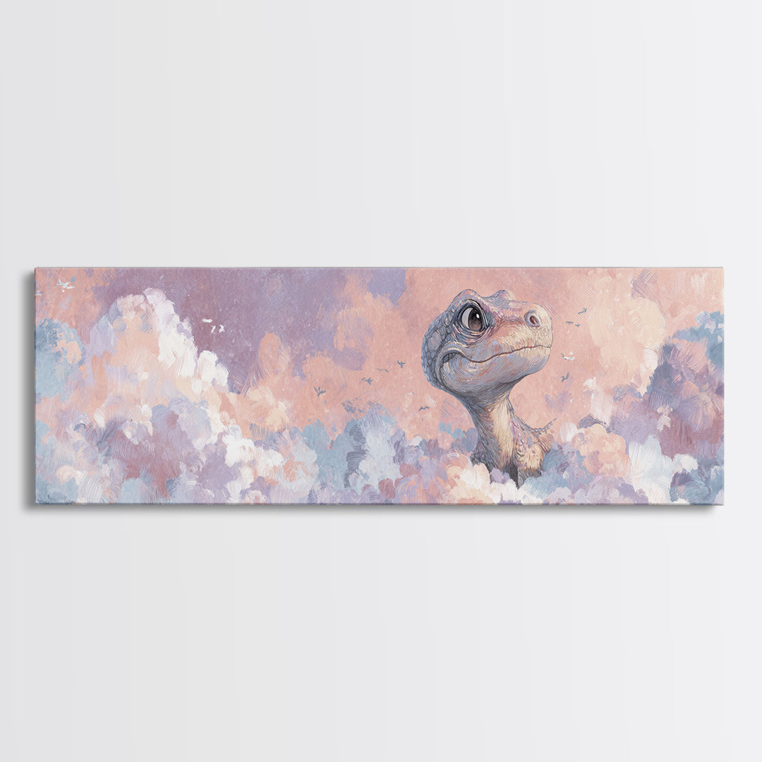 Tiny Dinosaur with Friendly Expression Framed Canvas Print, Nursery Art, Gallery Decor, Nursery Decor, Fine Art, Nursery, NUR-3x1-7
